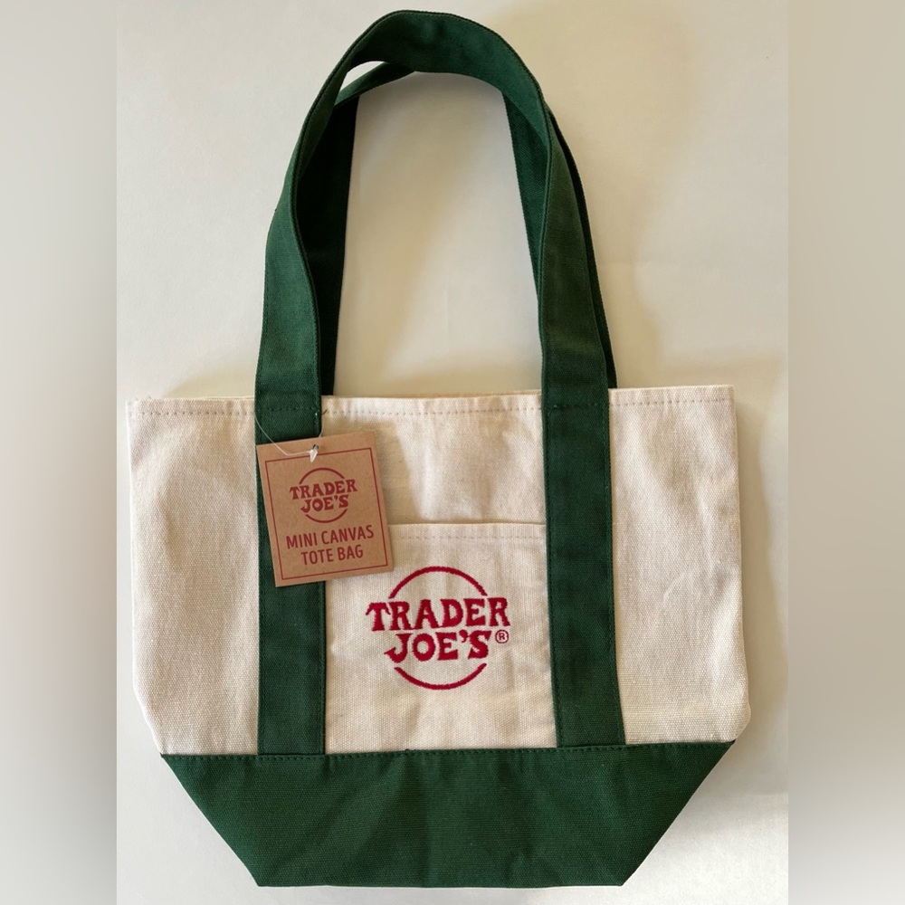 Trader Joe's Green and Cream Canvas Mini Tote Bag (Holiday Collection)